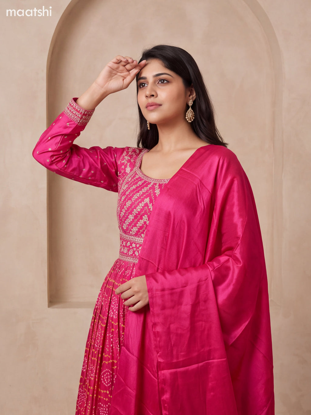 Pink Art Silk Bandhani Printed & Embroidery Work Anarkali Gown and Dupatta Set