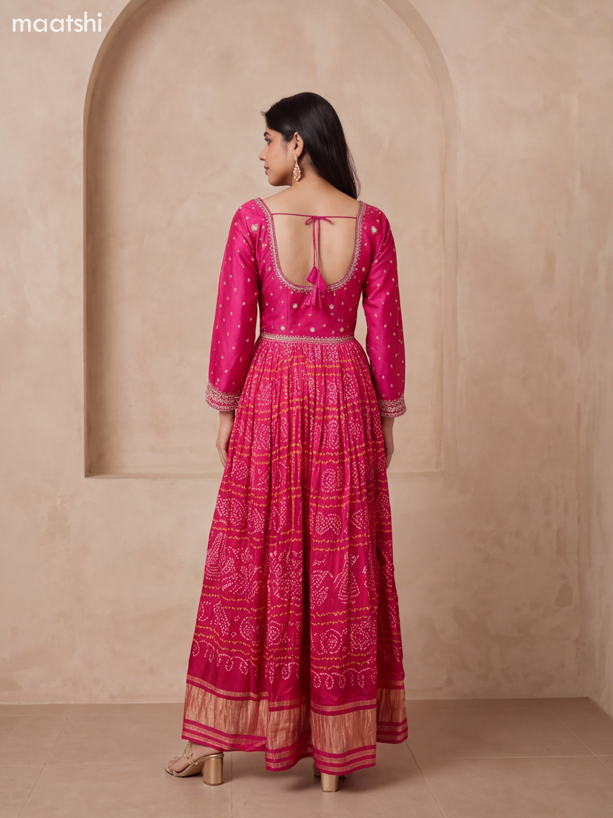 Pink Art Silk Bandhani Printed & Embroidery Work Anarkali Gown and Dupatta Set