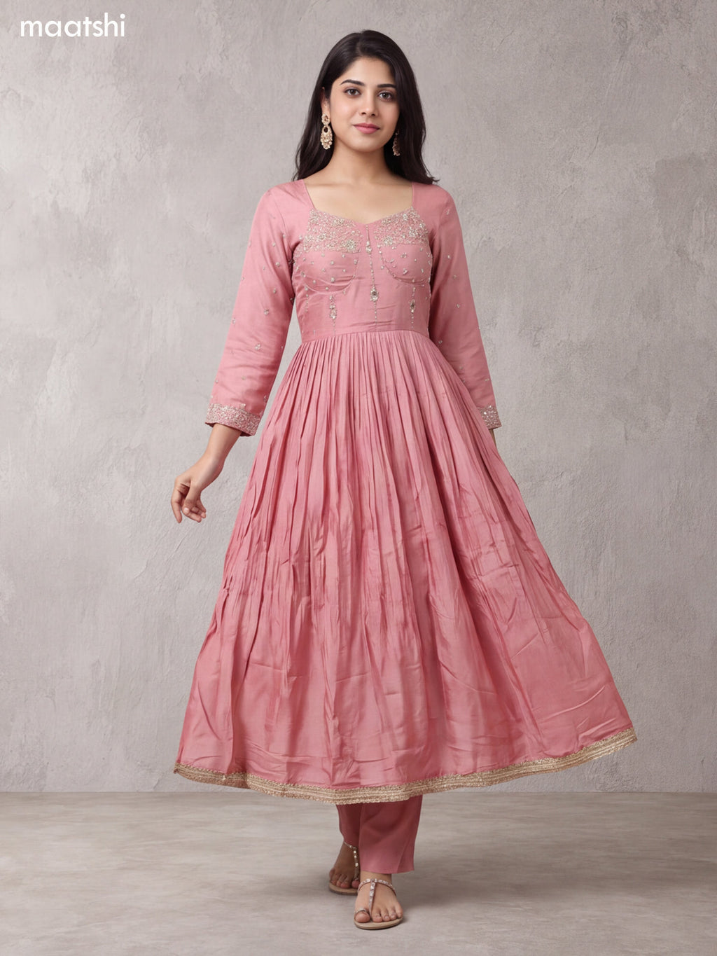 Peach Silk Embroidery Work Anarkali Suit