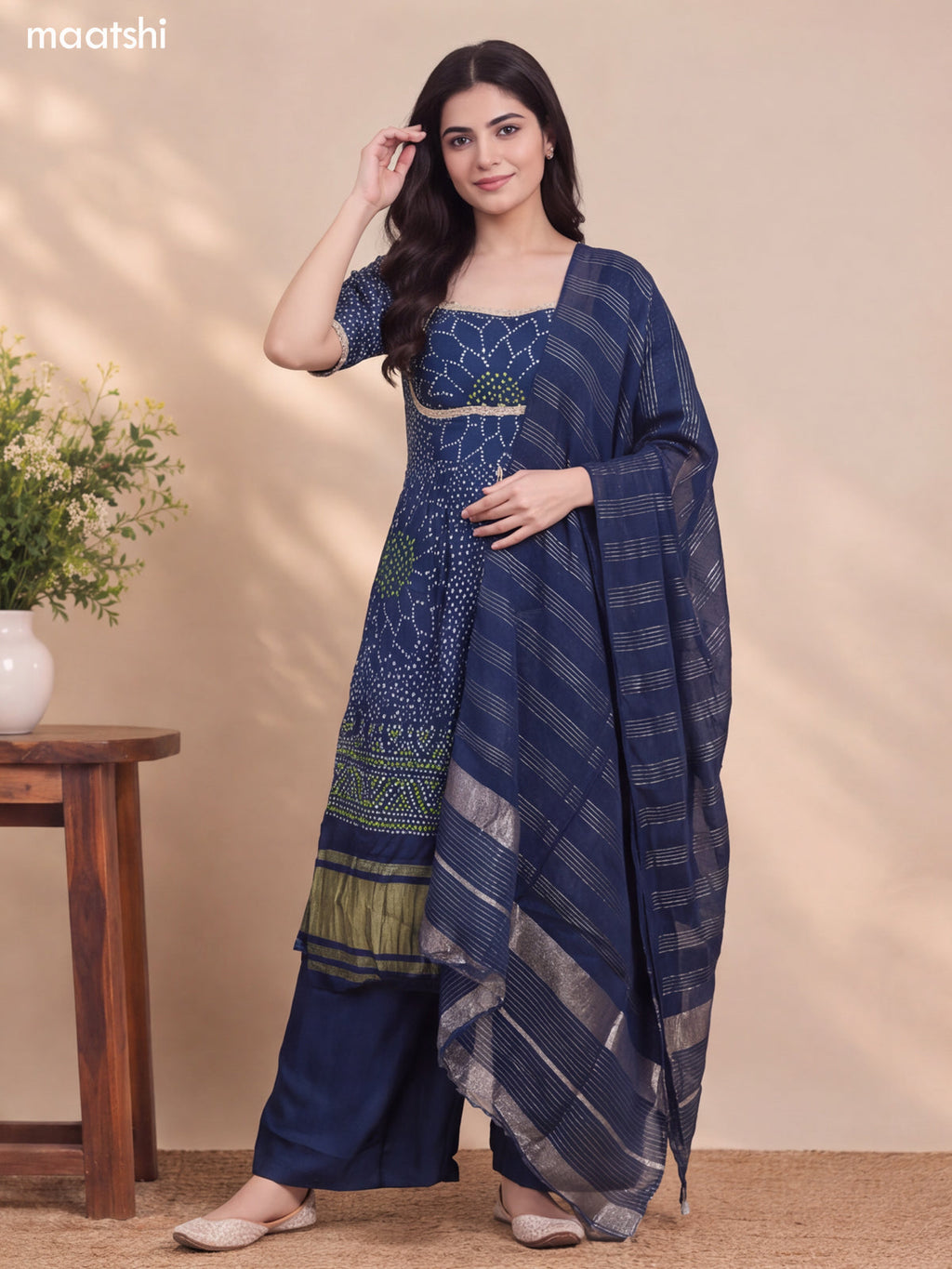 Peacock Blue Silk Bandhani Printed & Embroidery Work Anarkali Suit