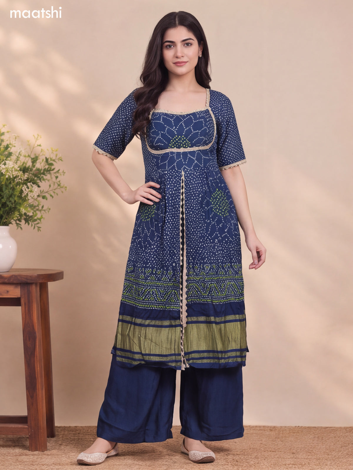 Peacock Blue Silk Bandhani Printed & Embroidery Work Anarkali Suit