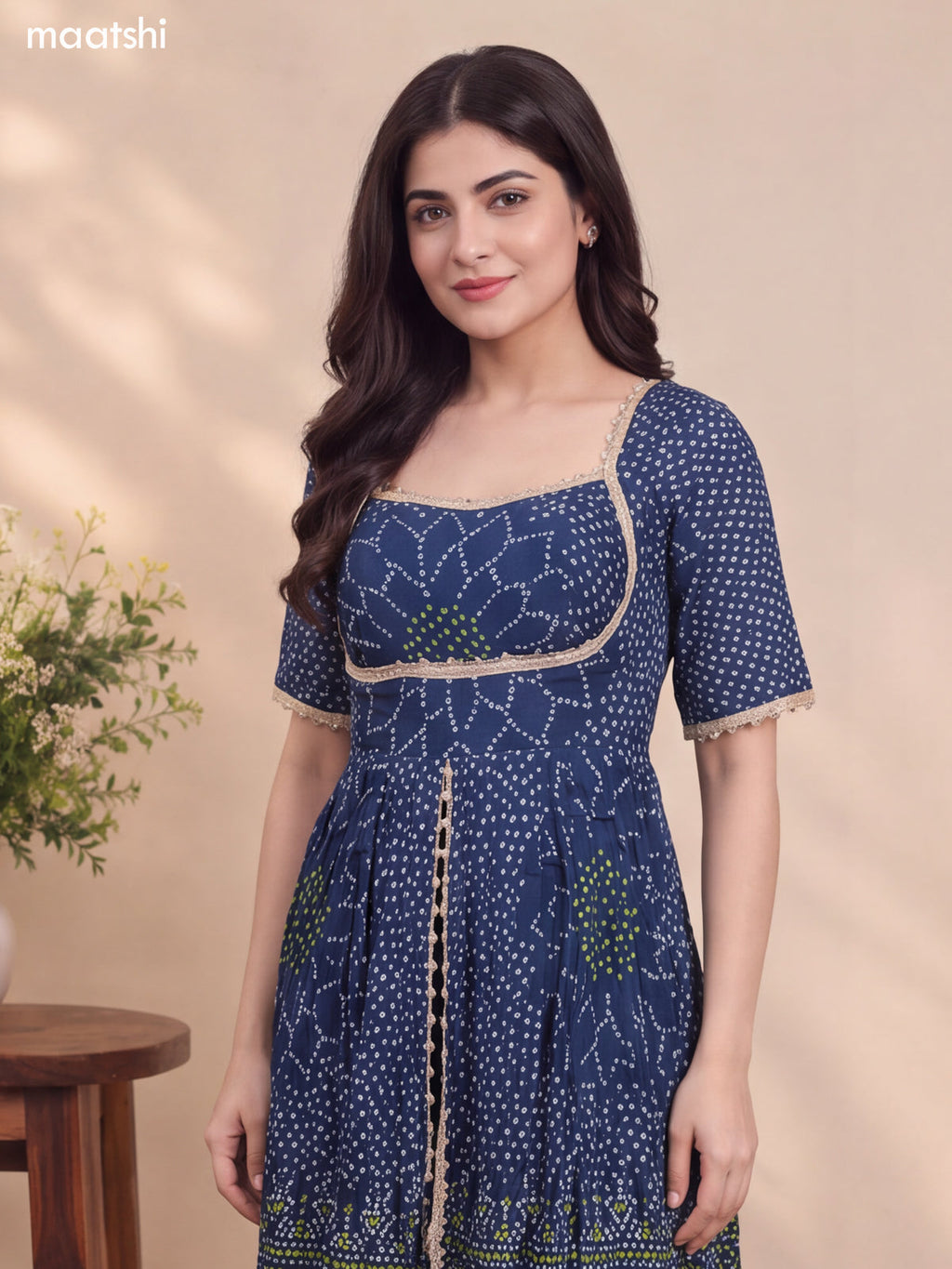 Peacock Blue Silk Bandhani Printed & Embroidery Work Anarkali Suit
