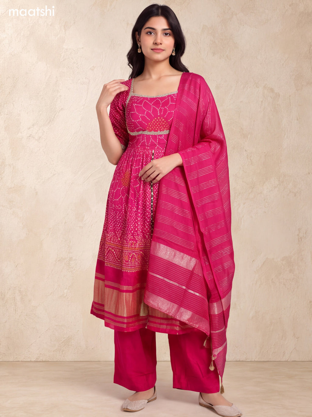 Pink Silk Bandhani Printed & Embroidery Work Anarkali Suit
