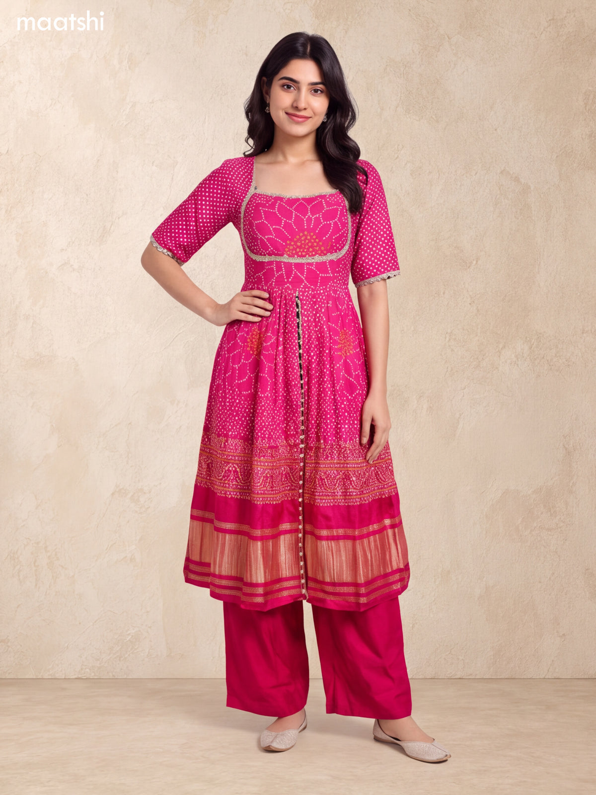 Pink Silk Bandhani Printed & Embroidery Work Anarkali Suit