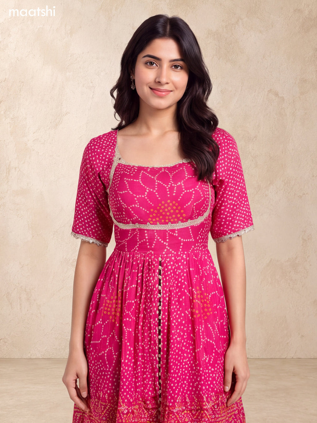 Pink Silk Bandhani Printed & Embroidery Work Anarkali Suit
