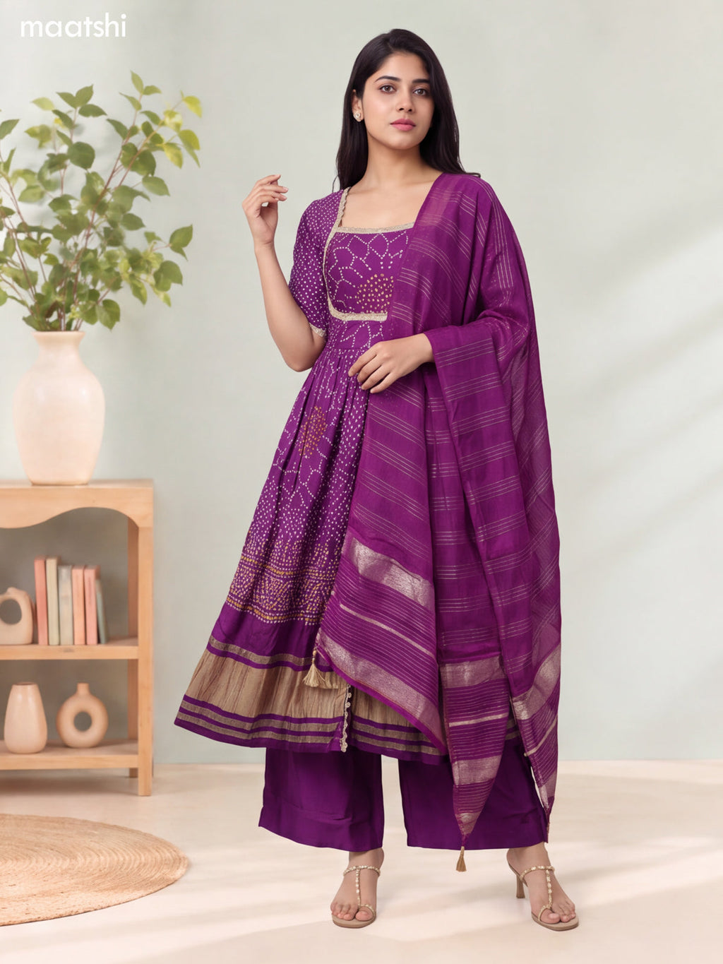 Purple Silk Bandhani Printed & Embroidery Work Anarkali Suit