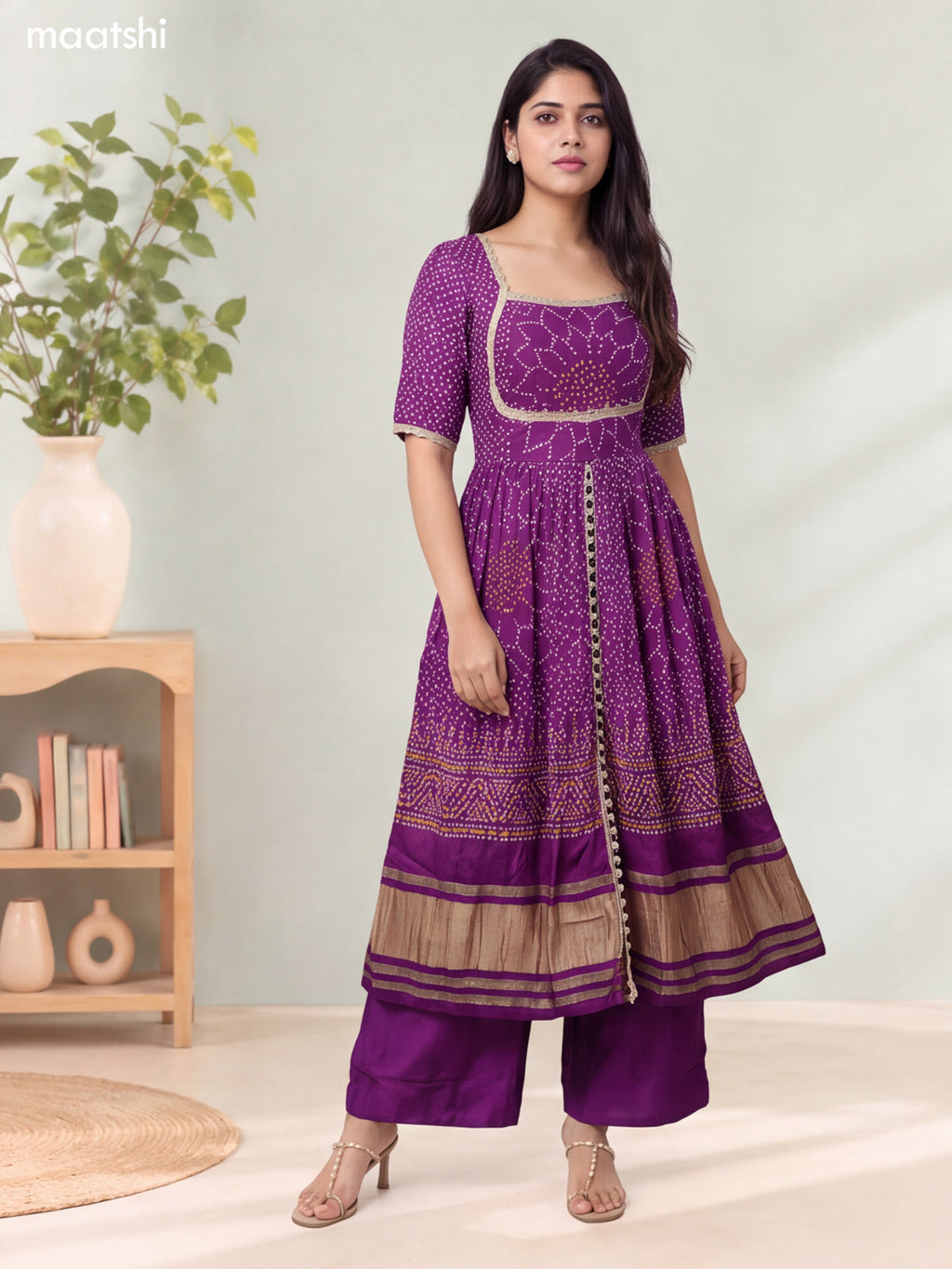 Purple Silk Bandhani Printed & Embroidery Work Anarkali Suit
