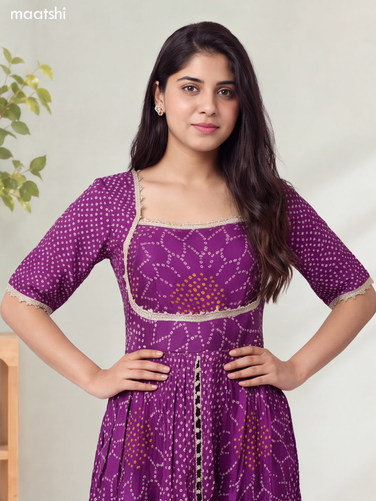 Purple Silk Bandhani Printed & Embroidery Work Anarkali Suit