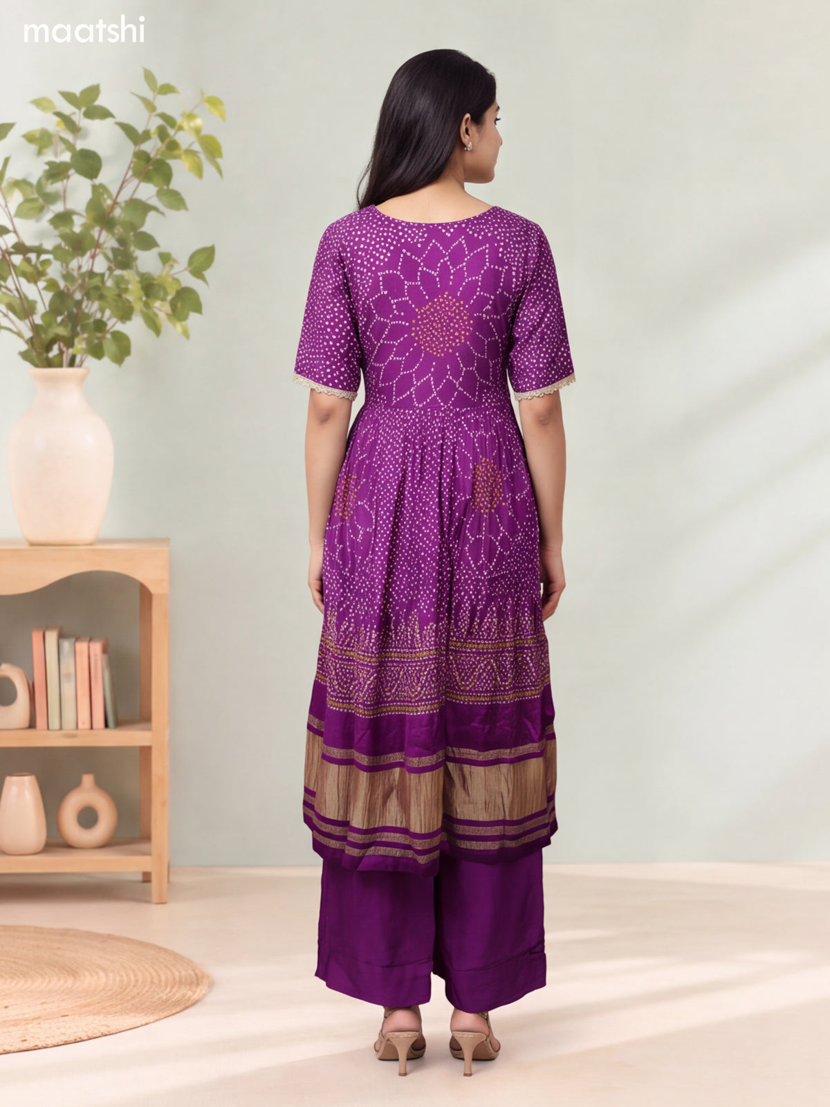 Purple Silk Bandhani Printed & Embroidery Work Anarkali Suit