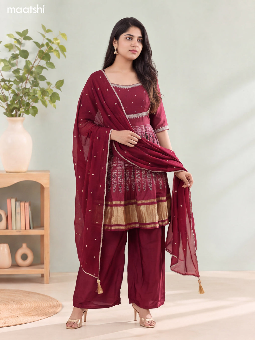 Deep Wine Silk Ajrakh Printed & Embroidery Work Anarkali Suit