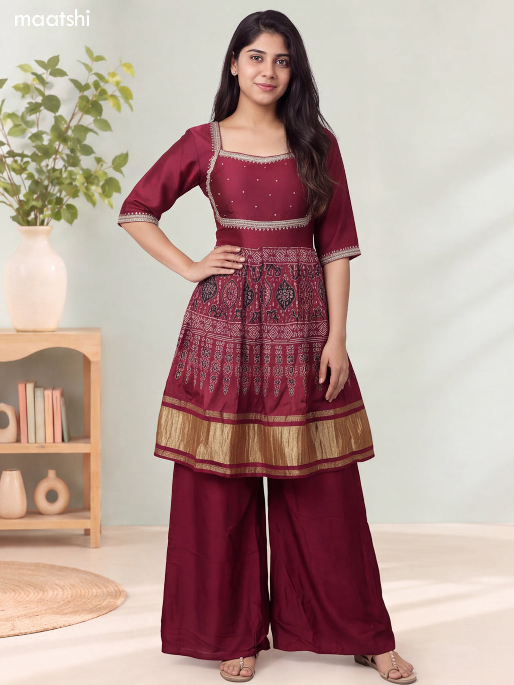 Deep Wine Silk Ajrakh Printed & Embroidery Work Anarkali Suit