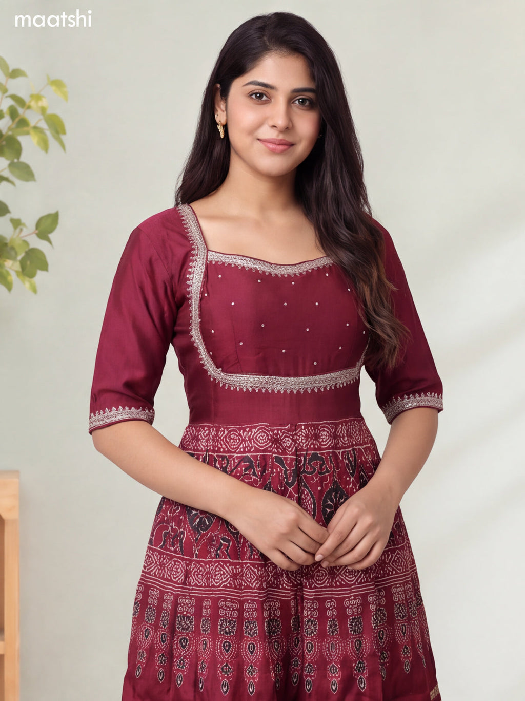 Deep Wine Silk Ajrakh Printed & Embroidery Work Anarkali Suit