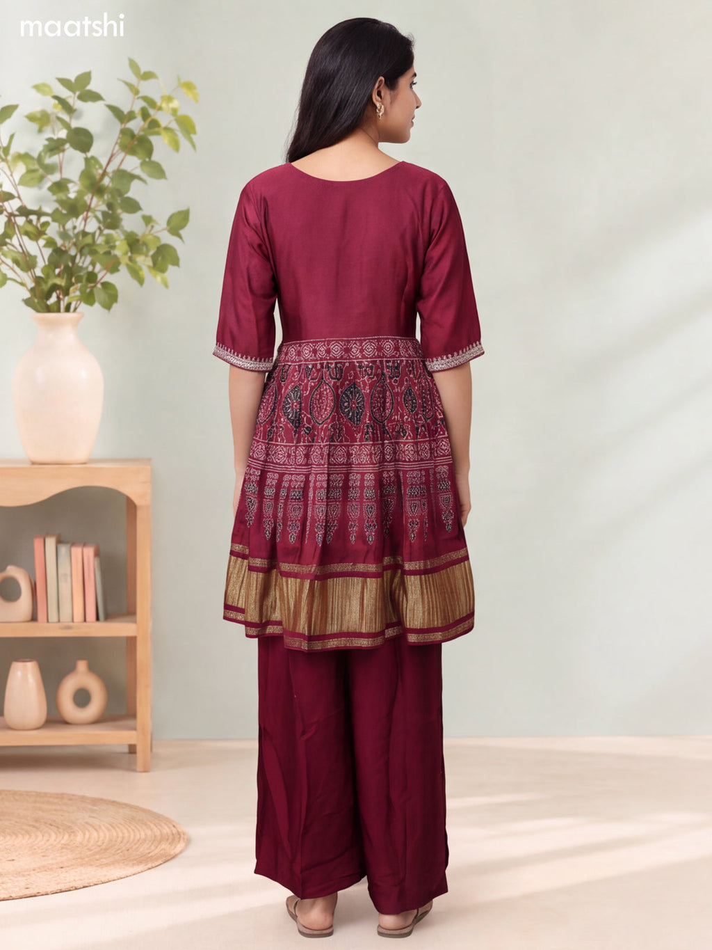 Deep Wine Silk Ajrakh Printed & Embroidery Work Anarkali Suit