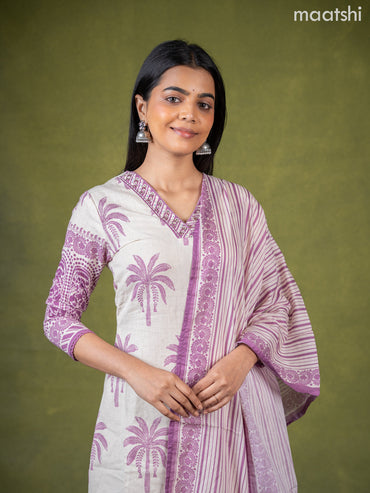 Linen cotton salwar suit cream and purple with butta prints & mirror sequin work v neck pattern and straight cut pant & dupatta
