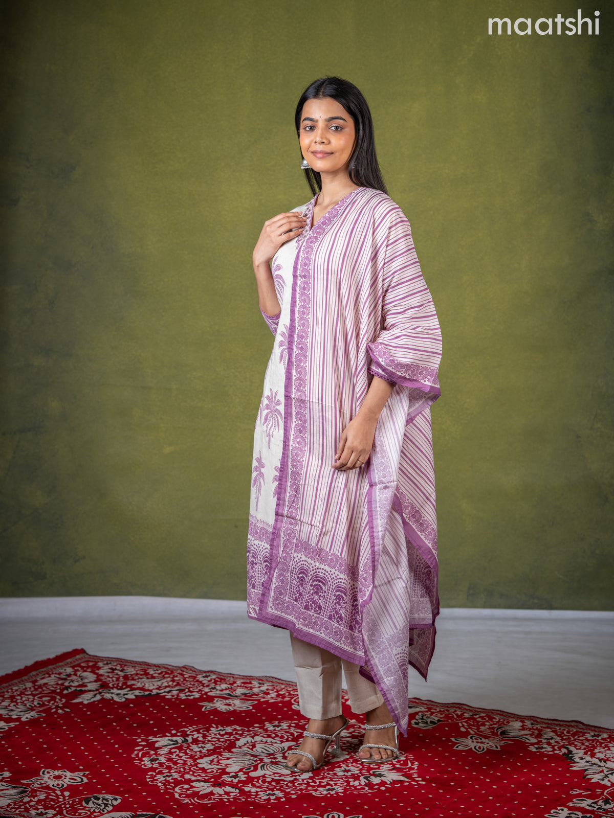 Linen cotton salwar suit cream and purple with butta prints & mirror sequin work v neck pattern and straight cut pant & dupatta