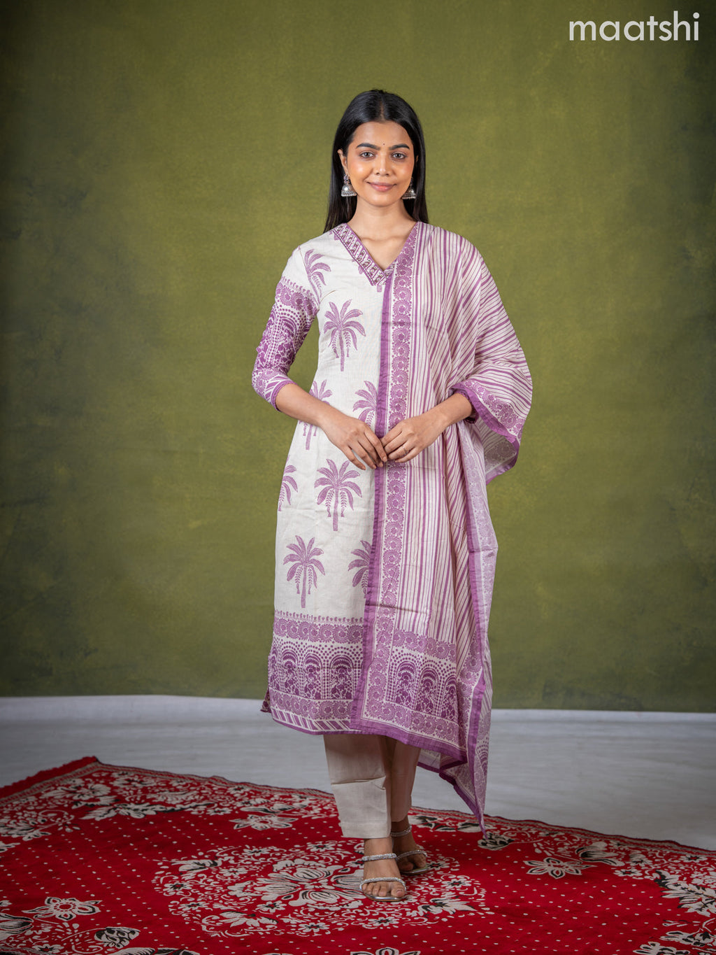 Linen cotton salwar suit cream and purple with butta prints & mirror sequin work v neck pattern and straight cut pant & dupatta