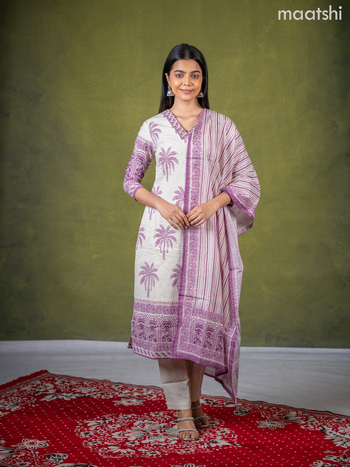 Linen cotton salwar suit cream and purple with butta prints & mirror sequin work v neck pattern and straight cut pant & dupatta
