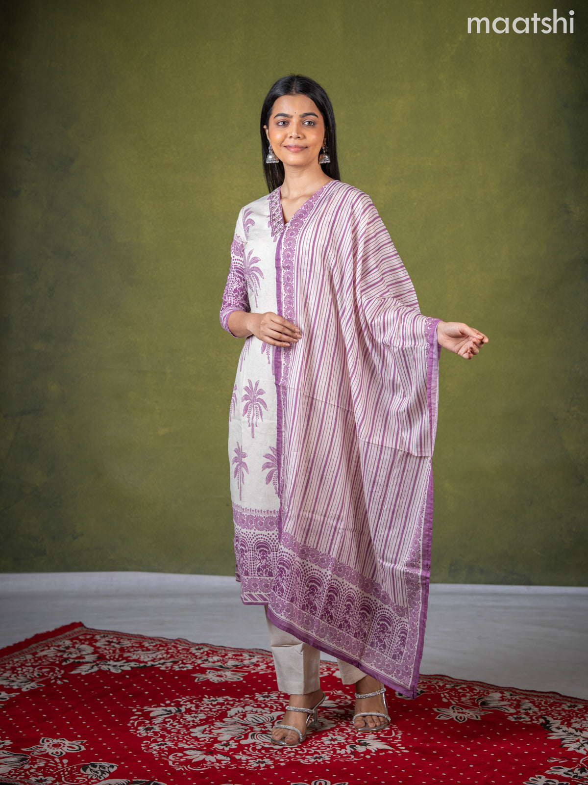 Linen cotton salwar suit cream and purple with butta prints & mirror sequin work v neck pattern and straight cut pant & dupatta