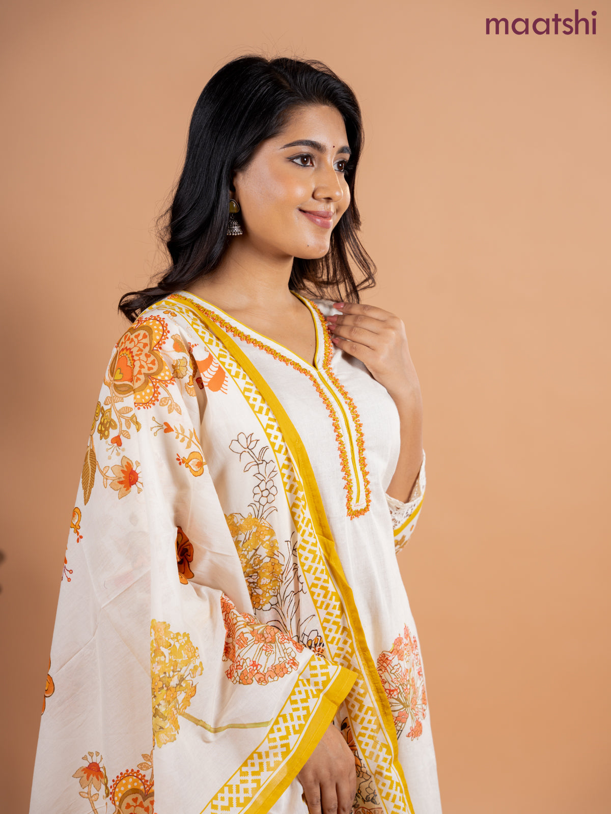 Placement salwar suit cream and mustard shade with prints & embroidery beaded work v neck pattern and straight cut pant & printed dupatta