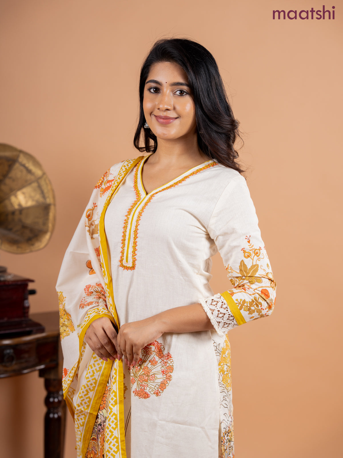 Placement salwar suit cream and mustard shade with prints & embroidery beaded work v neck pattern and straight cut pant & printed dupatta
