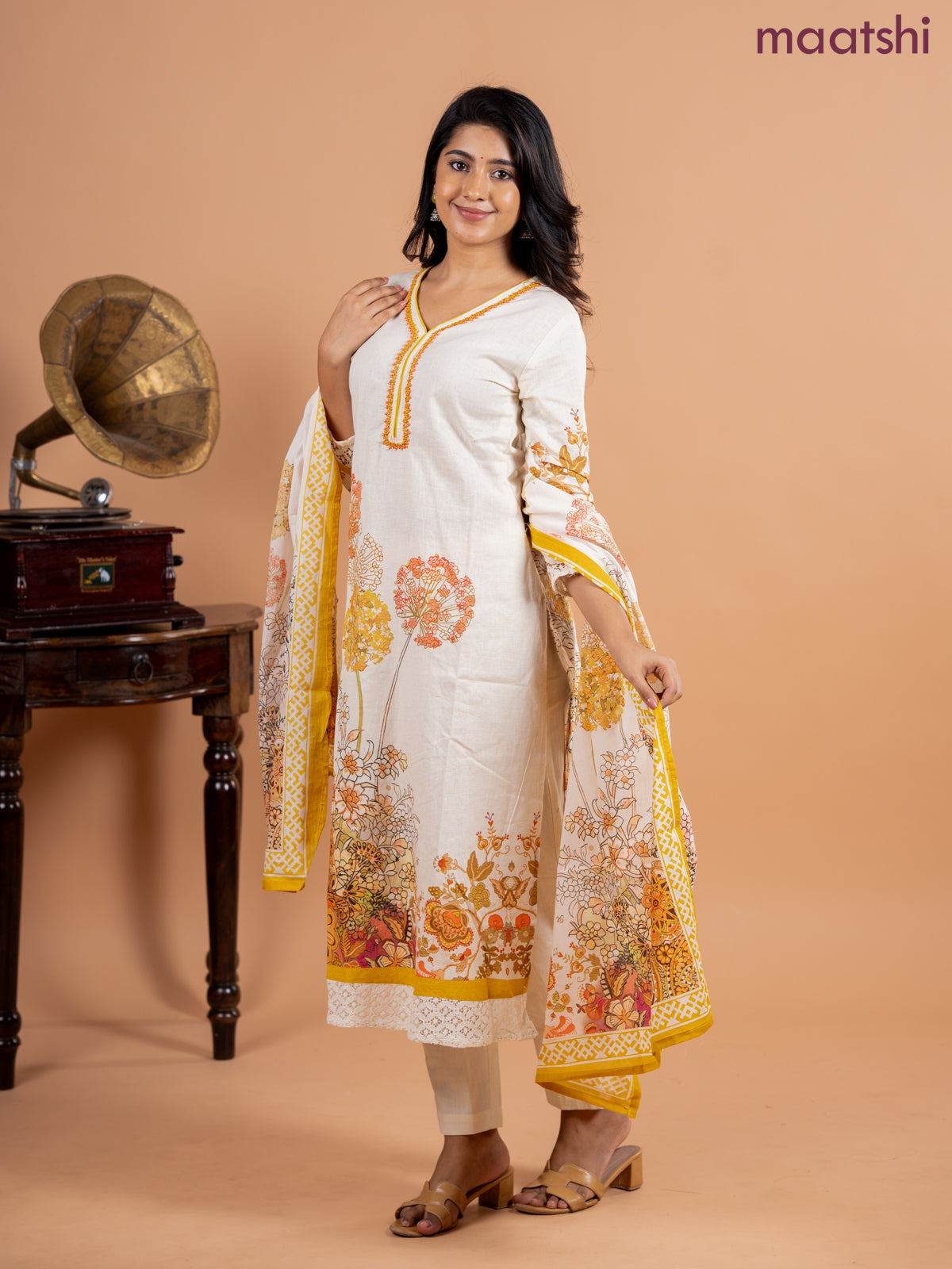 Placement salwar suit cream and mustard shade with prints & embroidery beaded work v neck pattern and straight cut pant & printed dupatta