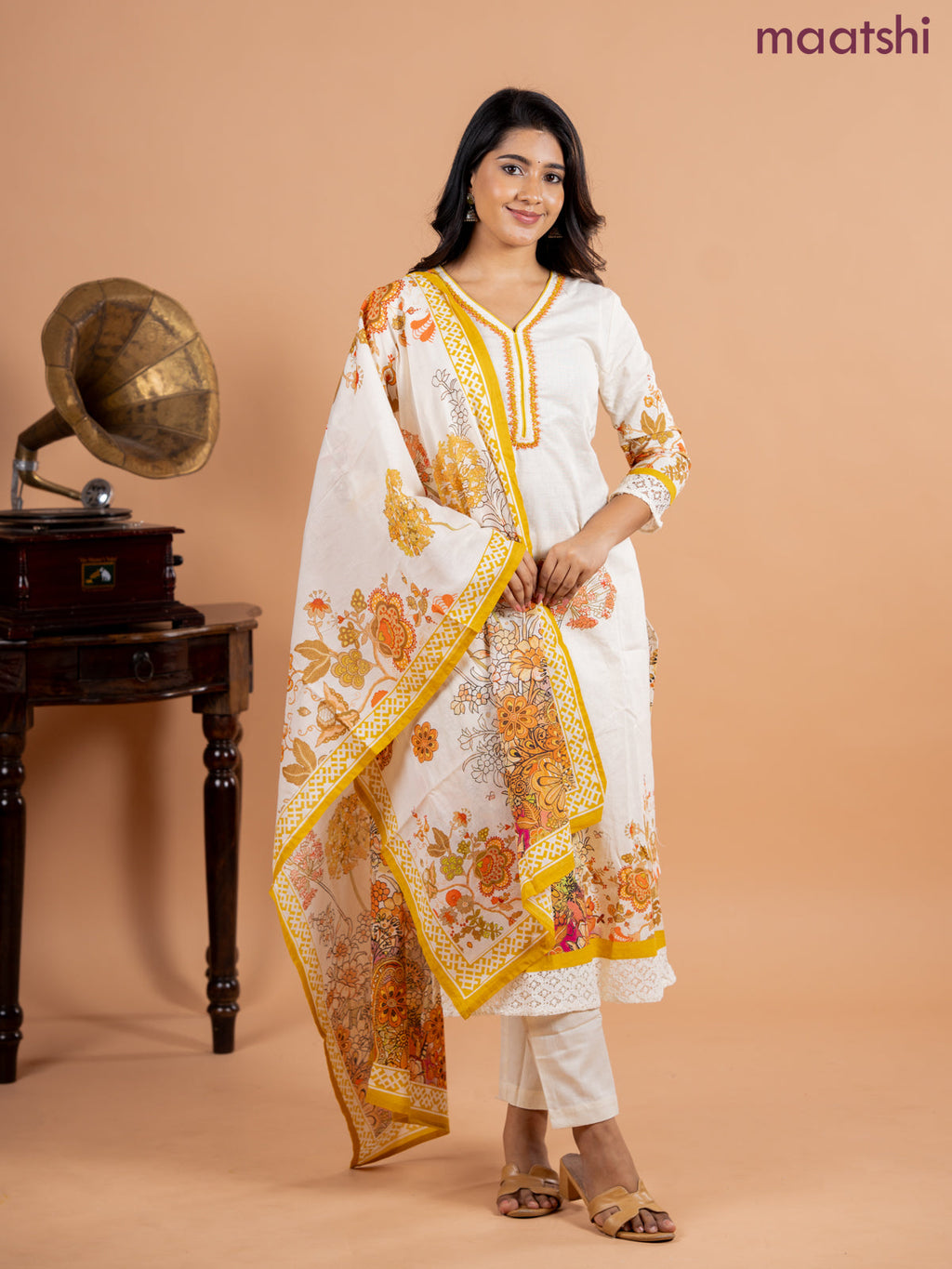 Placement salwar suit cream and mustard shade with prints & embroidery beaded work v neck pattern and straight cut pant & printed dupatta