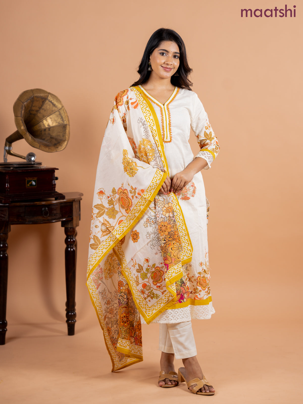 Placement salwar suit cream and mustard shade with prints & embroidery beaded work v neck pattern and straight cut pant & printed dupatta