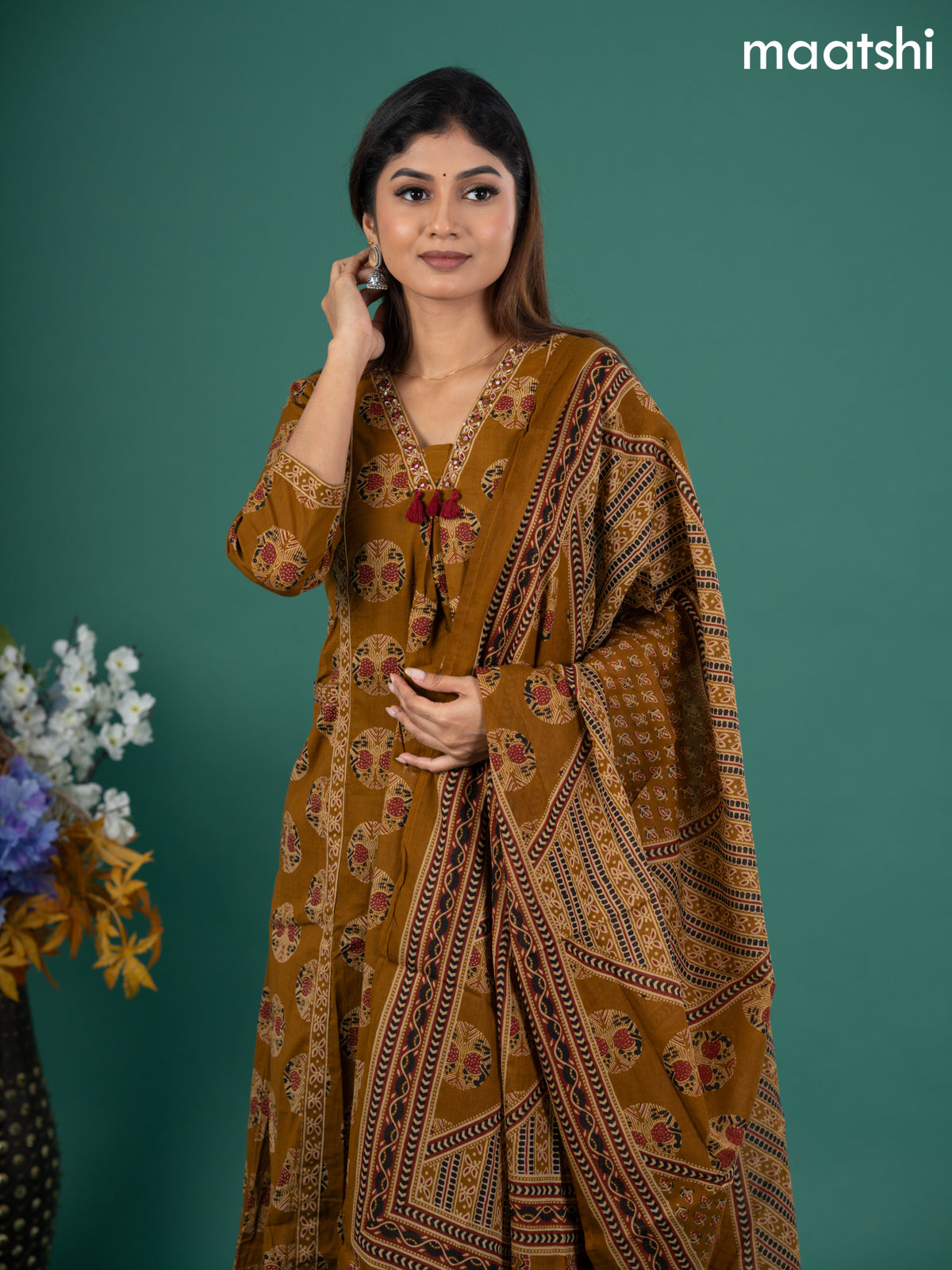 Cotton anarkali salwar suit mustard yellow with allover butta prints & zardosi sequin work v neck pattern and straight cut pant & dupatta