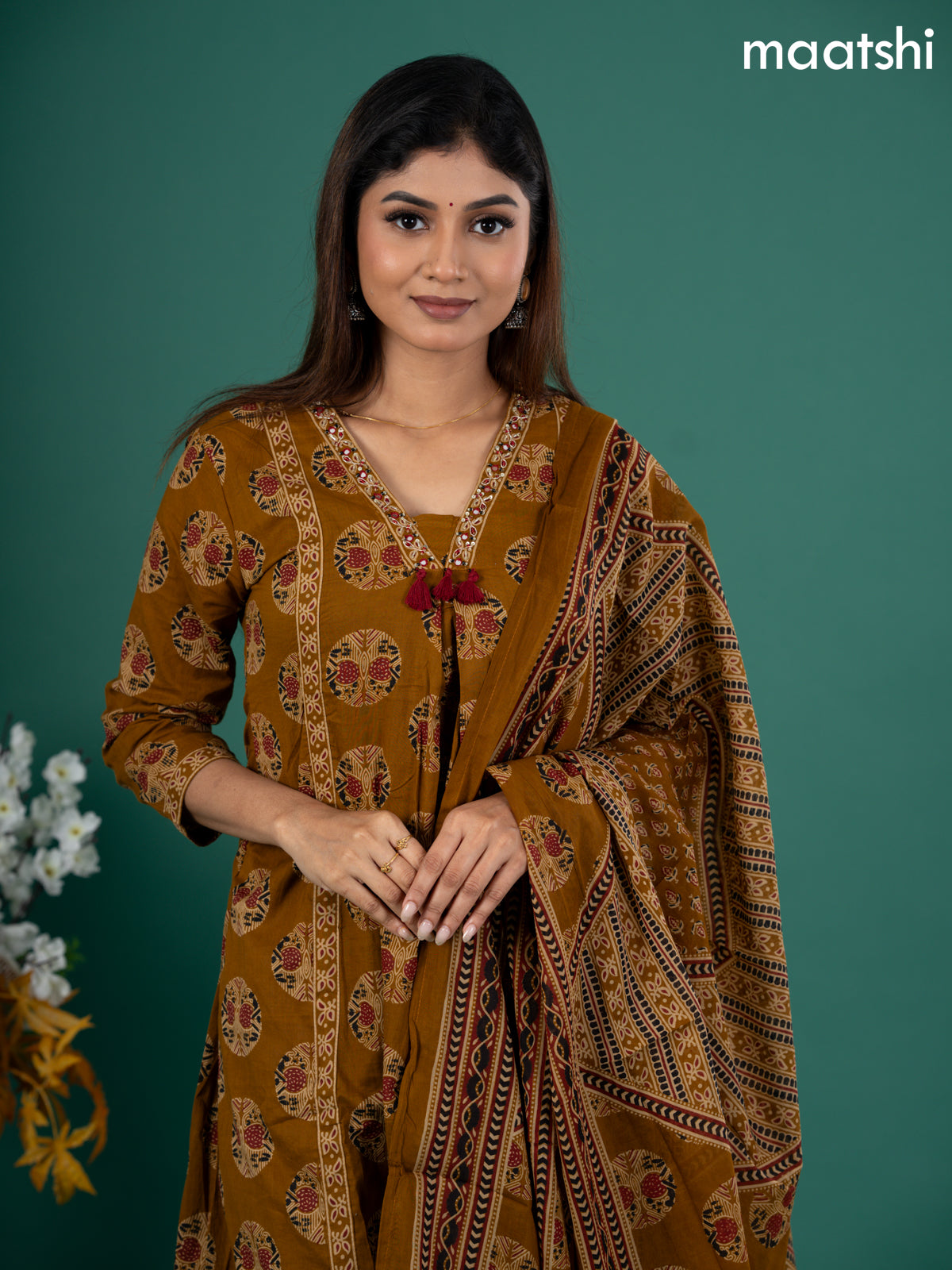 Cotton anarkali salwar suit mustard yellow with allover butta prints & zardosi sequin work v neck pattern and straight cut pant & dupatta