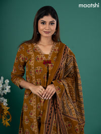 Cotton anarkali salwar suit mustard yellow with allover butta prints & zardosi sequin work v neck pattern and straight cut pant & dupatta