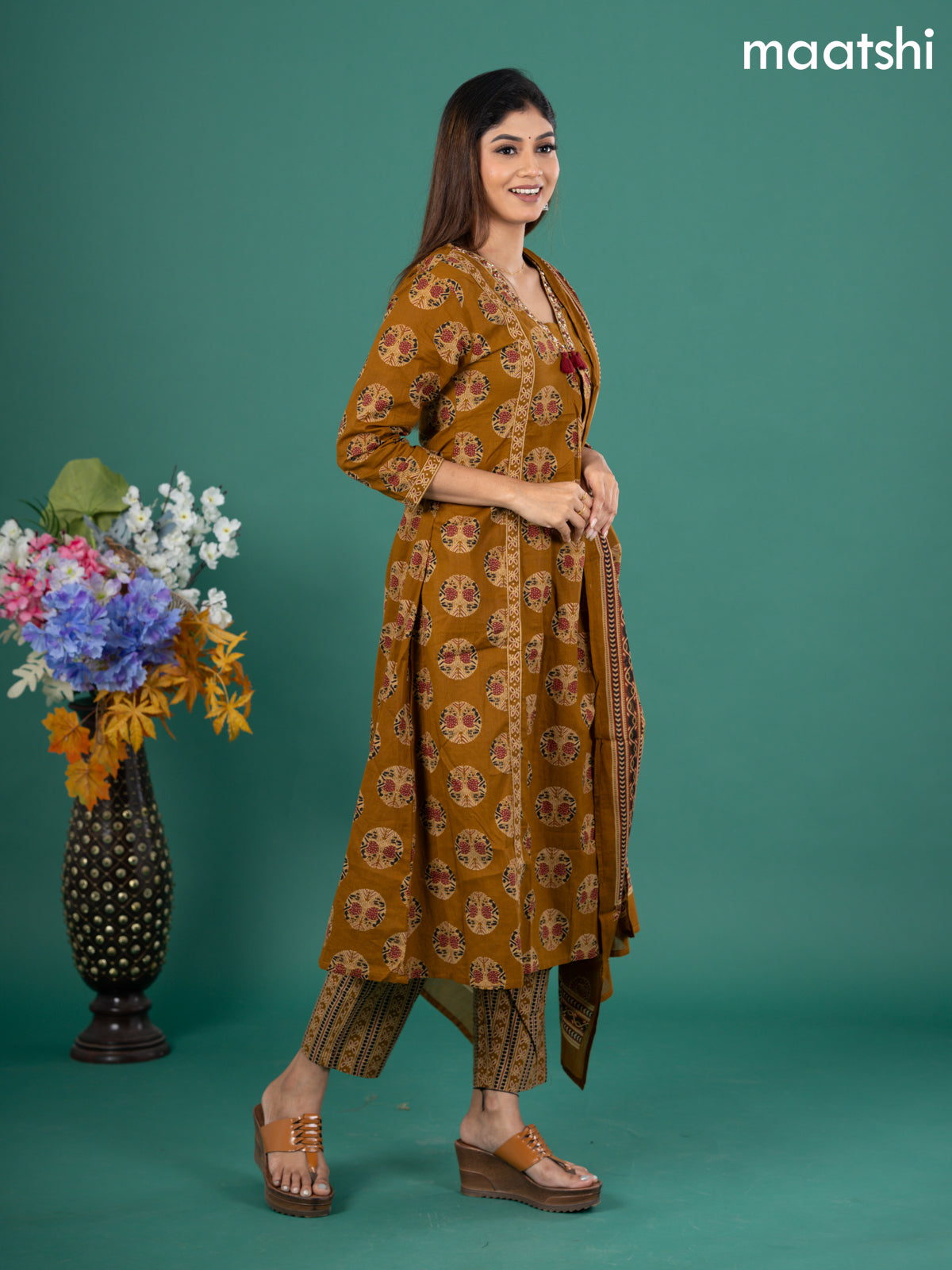 Cotton anarkali salwar suit mustard yellow with allover butta prints & zardosi sequin work v neck pattern and straight cut pant & dupatta