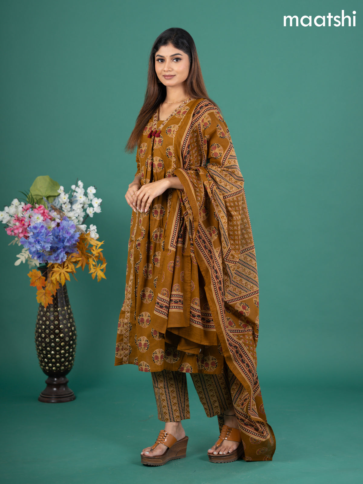 Cotton anarkali salwar suit mustard yellow with allover butta prints & zardosi sequin work v neck pattern and straight cut pant & dupatta