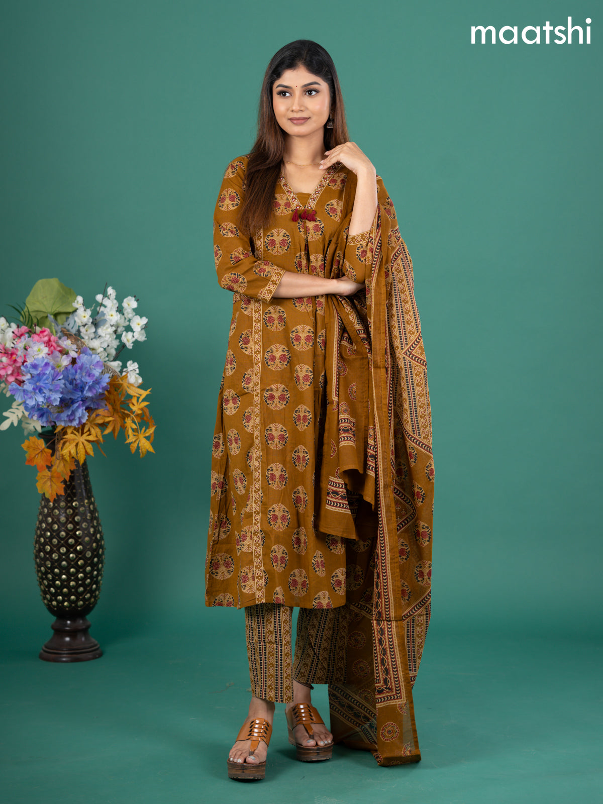 Cotton anarkali salwar suit mustard yellow with allover butta prints & zardosi sequin work v neck pattern and straight cut pant & dupatta