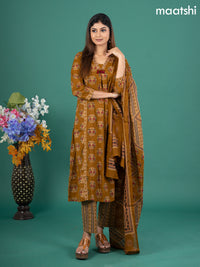 Cotton anarkali salwar suit mustard yellow with allover butta prints & zardosi sequin work v neck pattern and straight cut pant & dupatta