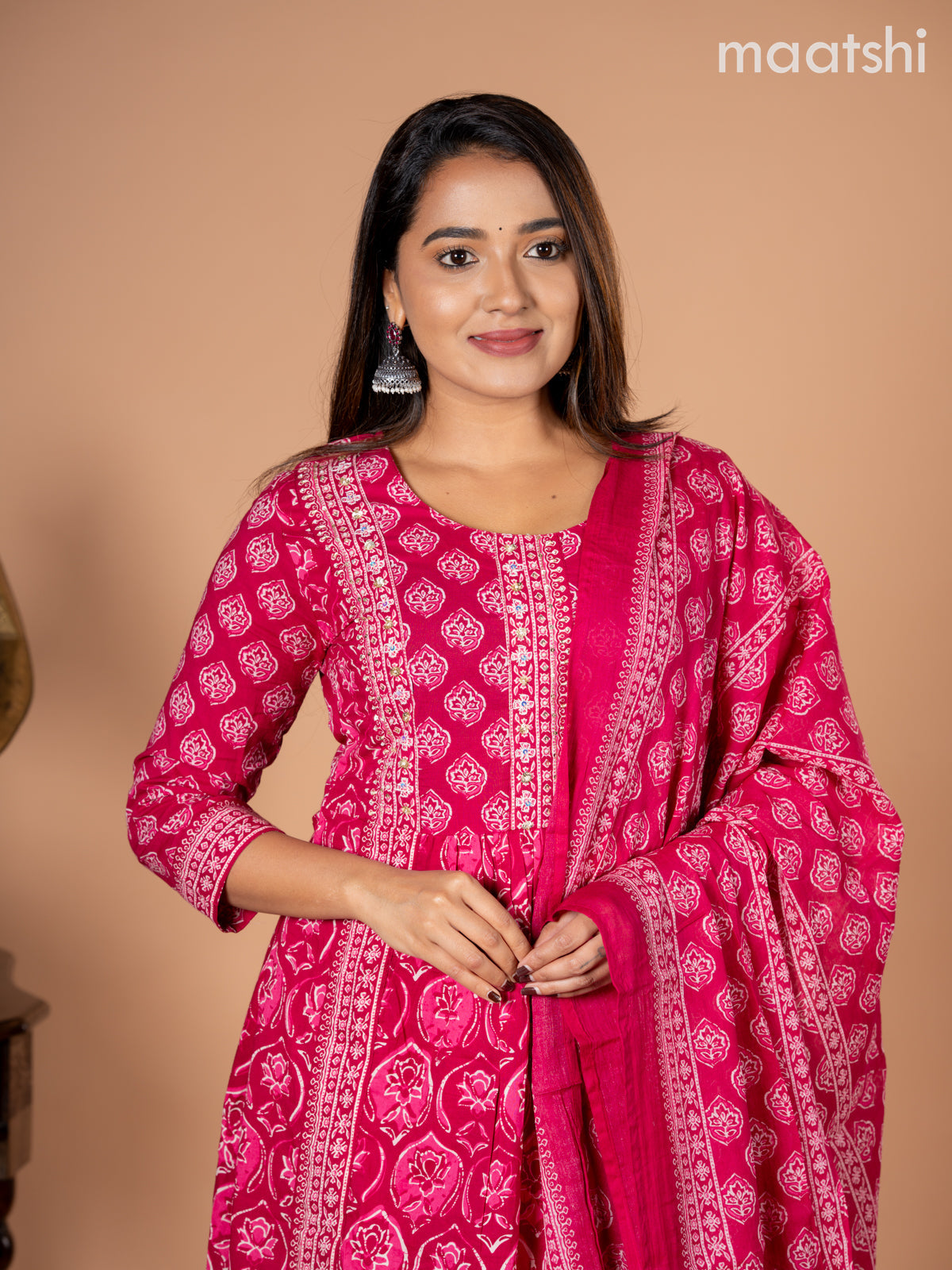 Anarkali salwar suit pink with allover butta prints & sequin beaded work neck pattern and straight cut pant & dupatta