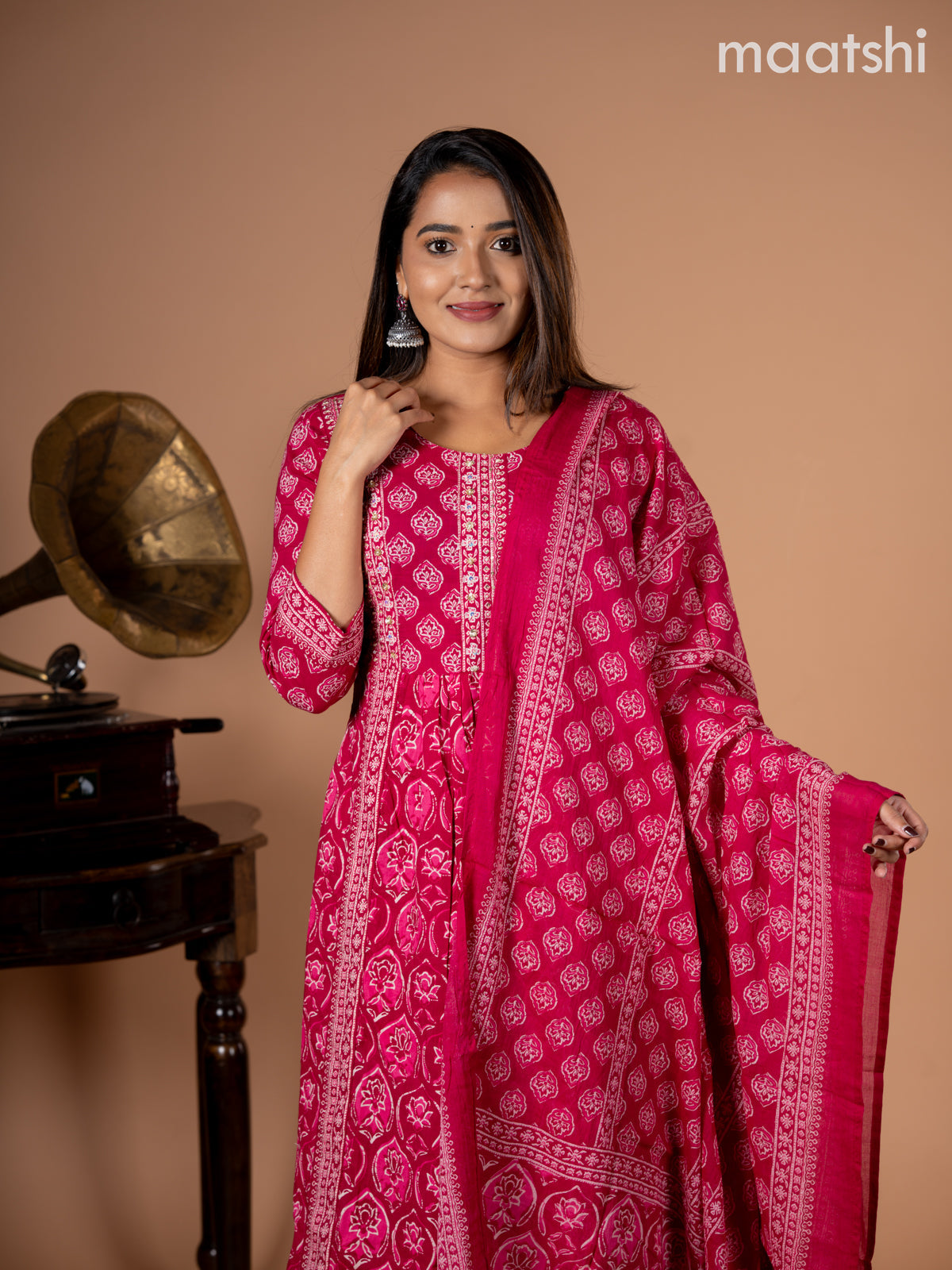 Anarkali salwar suit pink with allover butta prints & sequin beaded work neck pattern and straight cut pant & dupatta