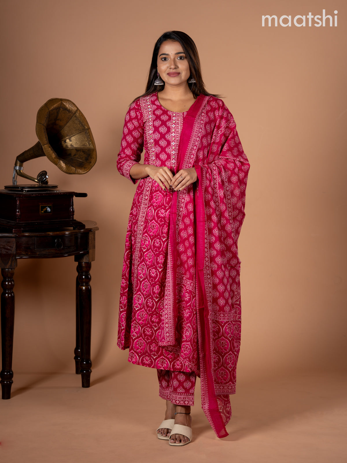 Anarkali salwar suit pink with allover butta prints & sequin beaded work neck pattern and straight cut pant & dupatta