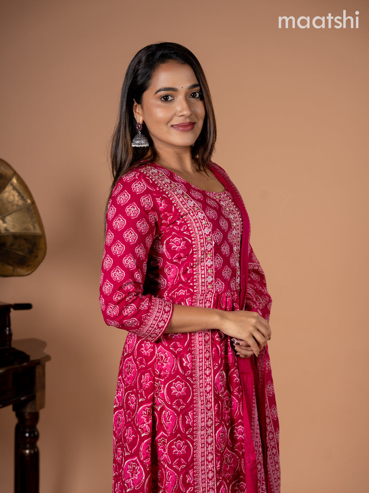 Anarkali salwar suit pink with allover butta prints & sequin beaded work neck pattern and straight cut pant & dupatta