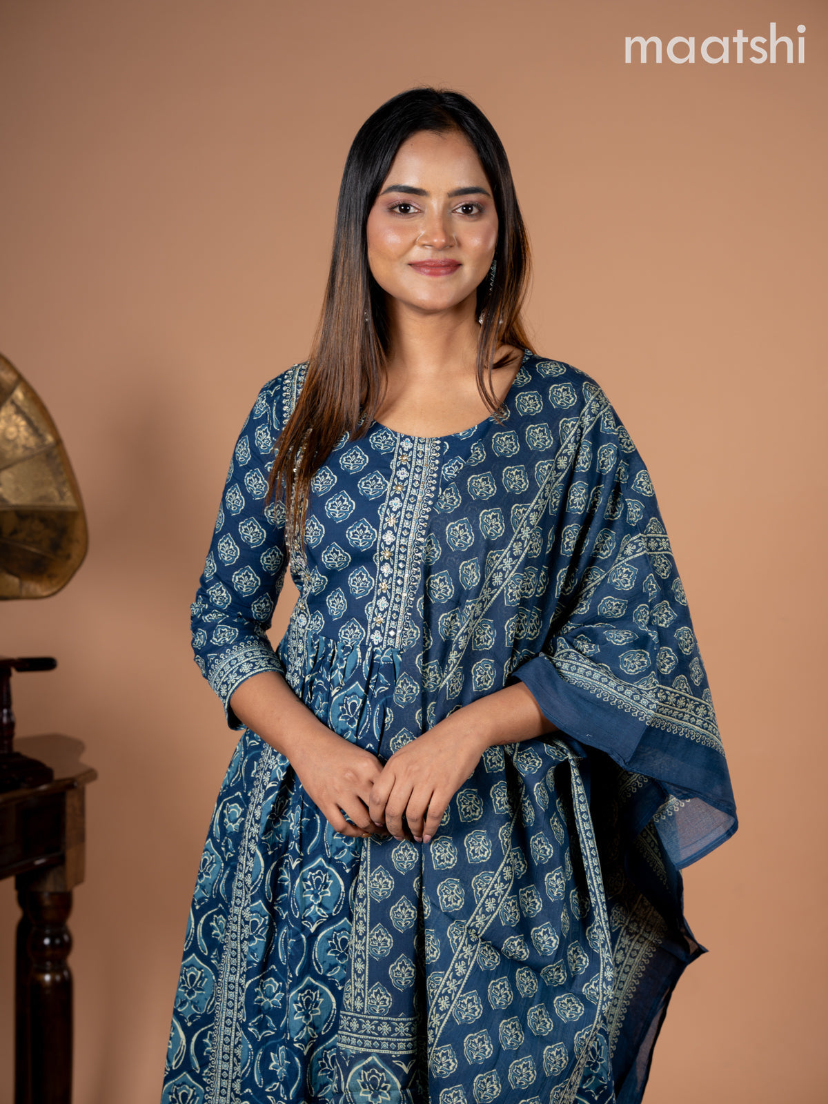 Anarkali salwar suit peacock blue with allover butta prints & sequin beaded work neck pattern and straight cut pant & dupatta