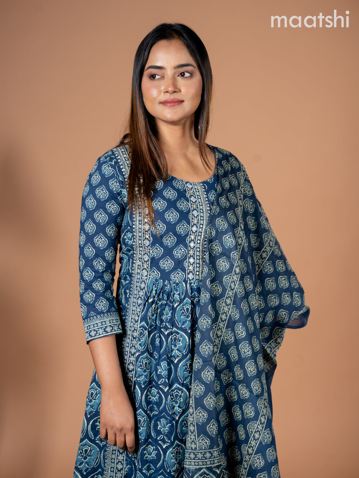 Anarkali salwar suit peacock blue with allover butta prints & sequin beaded work neck pattern and straight cut pant & dupatta