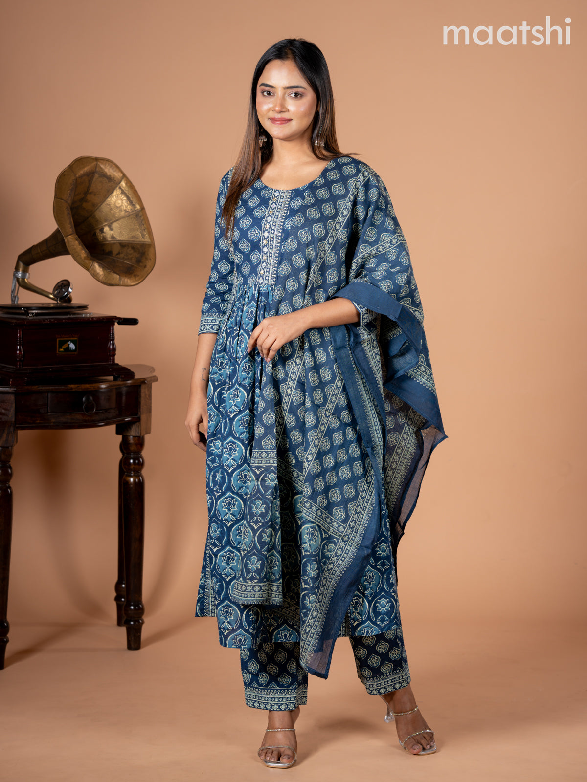 Anarkali salwar suit peacock blue with allover butta prints & sequin beaded work neck pattern and straight cut pant & dupatta