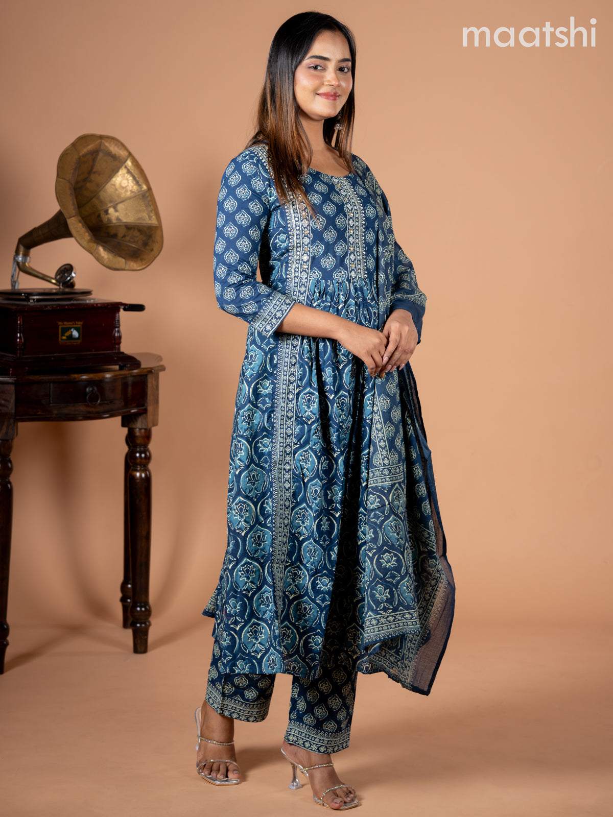 Anarkali salwar suit peacock blue with allover butta prints & sequin beaded work neck pattern and straight cut pant & dupatta