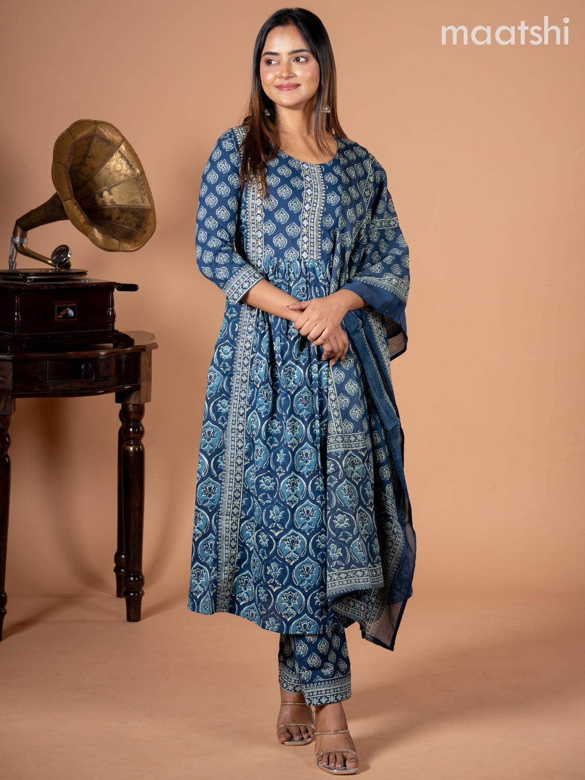 Anarkali salwar suit peacock blue with allover butta prints & sequin beaded work neck pattern and straight cut pant & dupatta