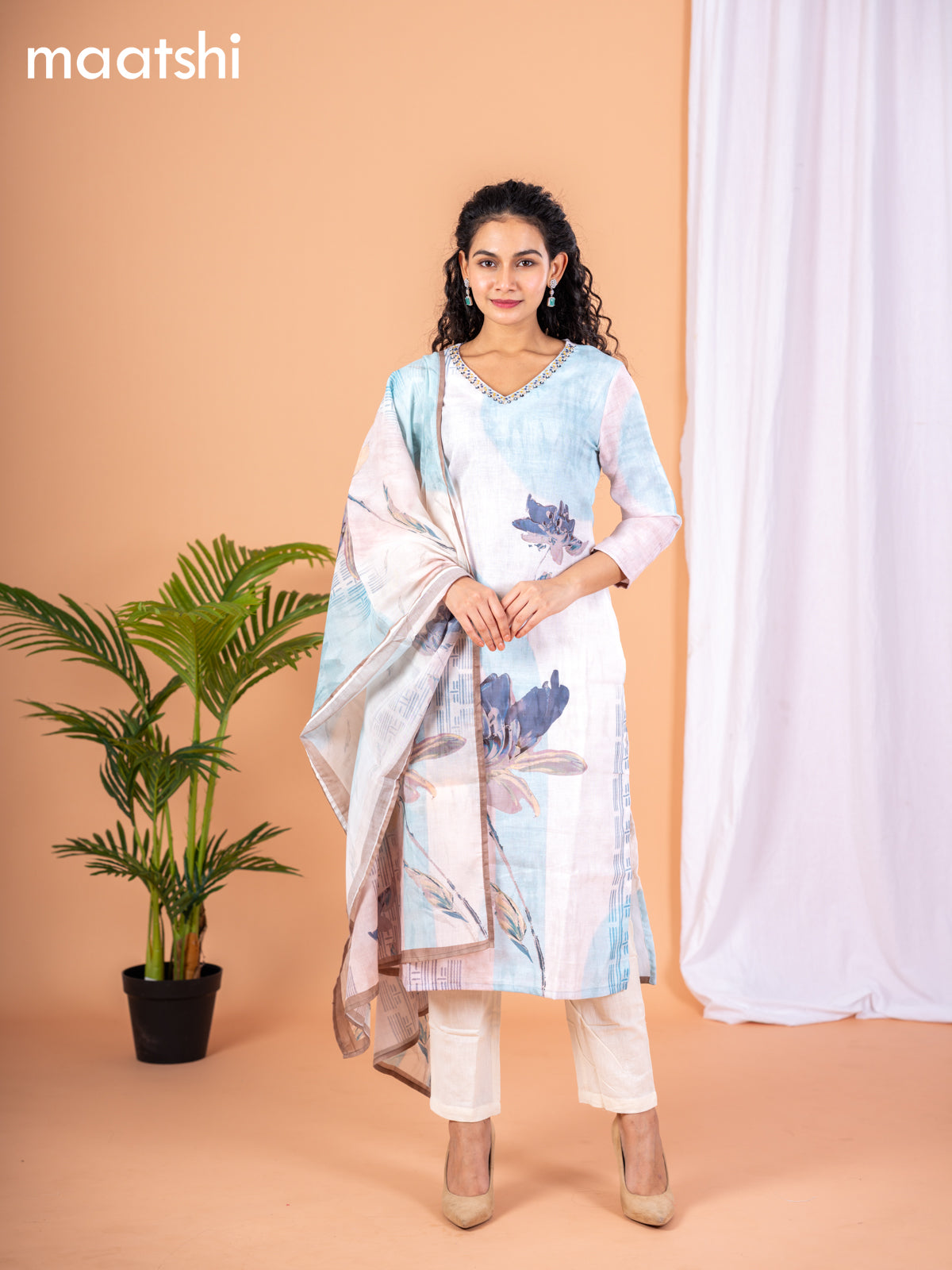 Placement print salwar suit off white and light blue with prints & embroidery sequin work v neck pattern and straight cut pant & dupatta