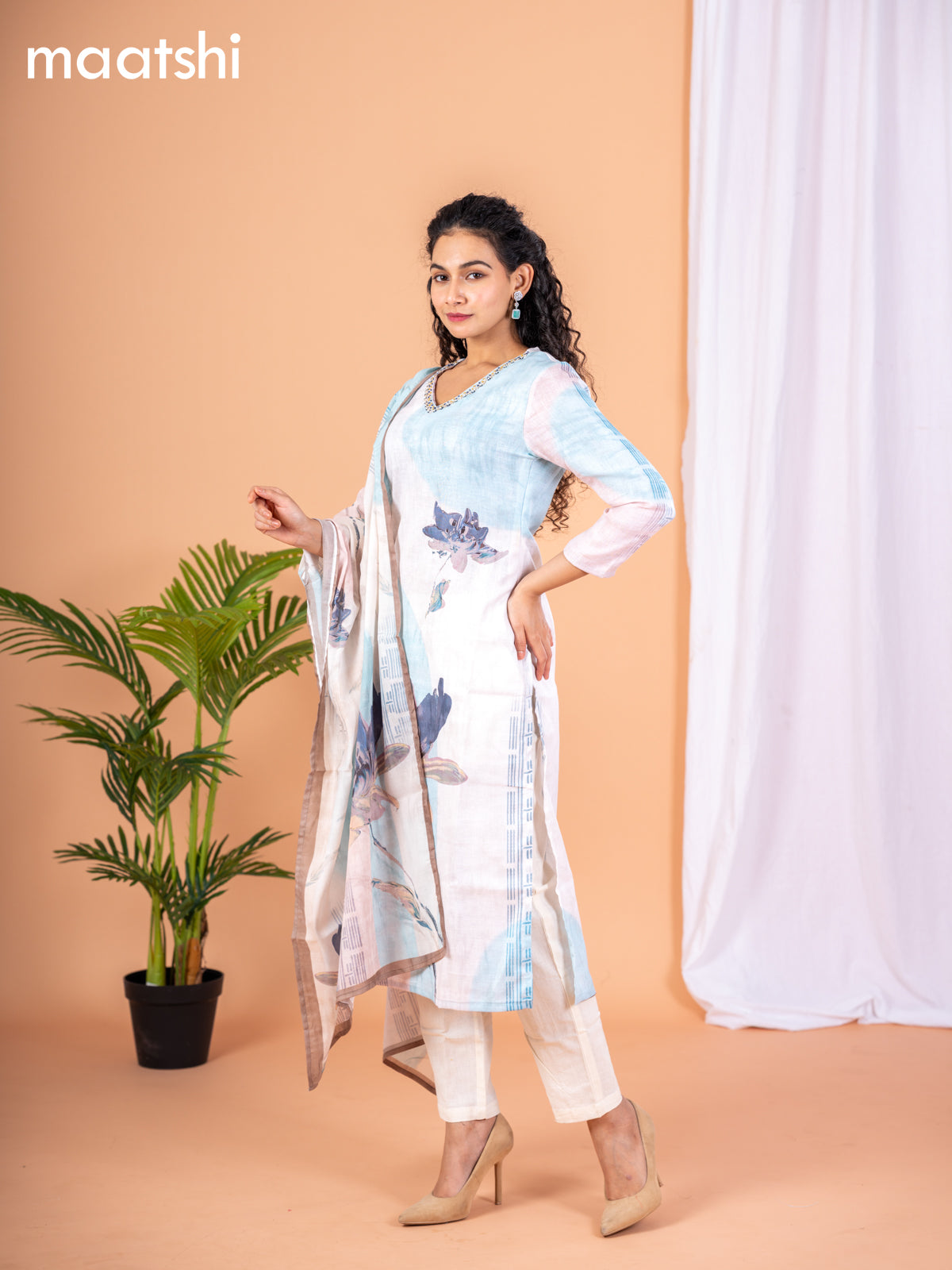 Placement print salwar suit off white and light blue with prints & embroidery sequin work v neck pattern and straight cut pant & dupatta