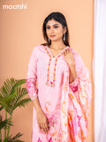 Placement print salwar suit baby pink with prints & embroidery lace work neck pattern and straight cut pant & dupatta
