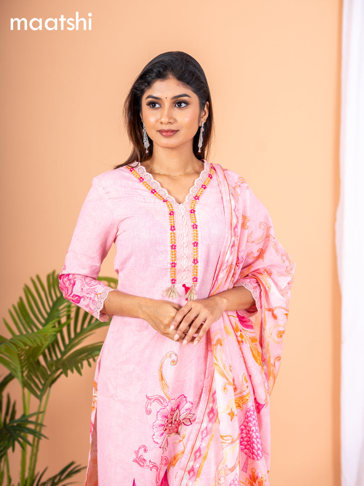 Placement print salwar suit baby pink with prints & embroidery lace work neck pattern and straight cut pant & dupatta