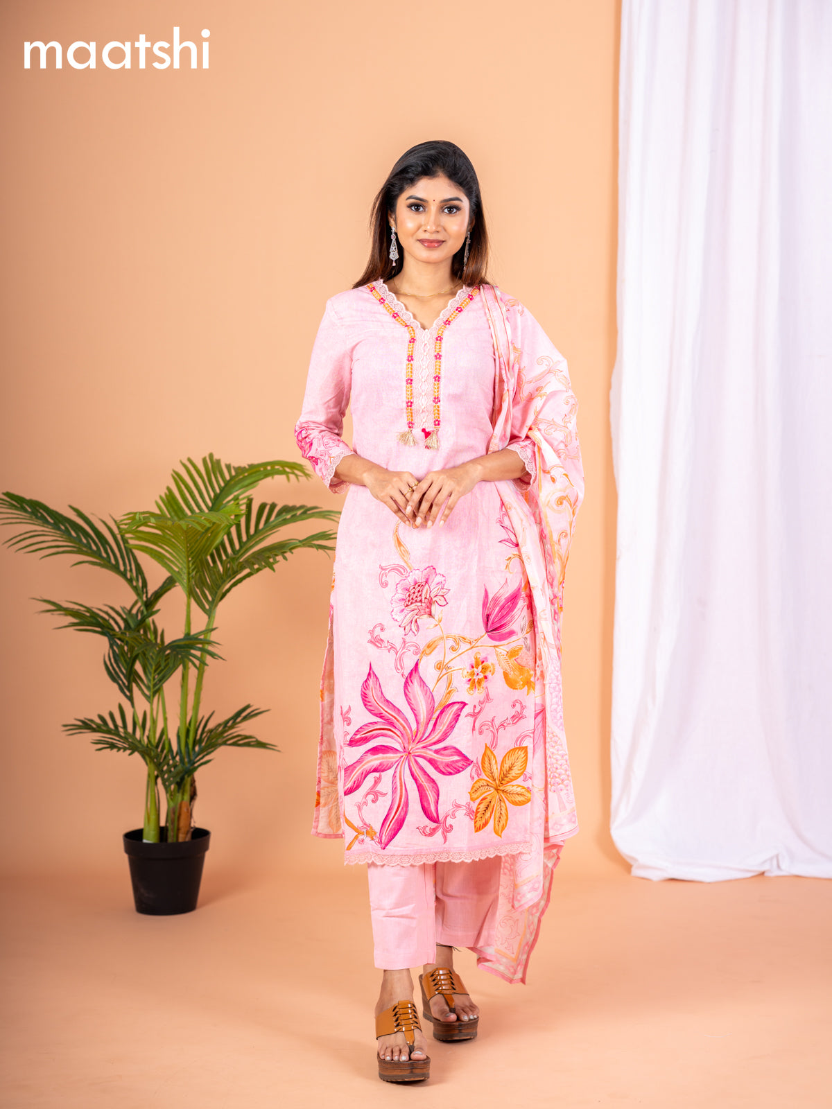 Placement print salwar suit baby pink with prints & embroidery lace work neck pattern and straight cut pant & dupatta
