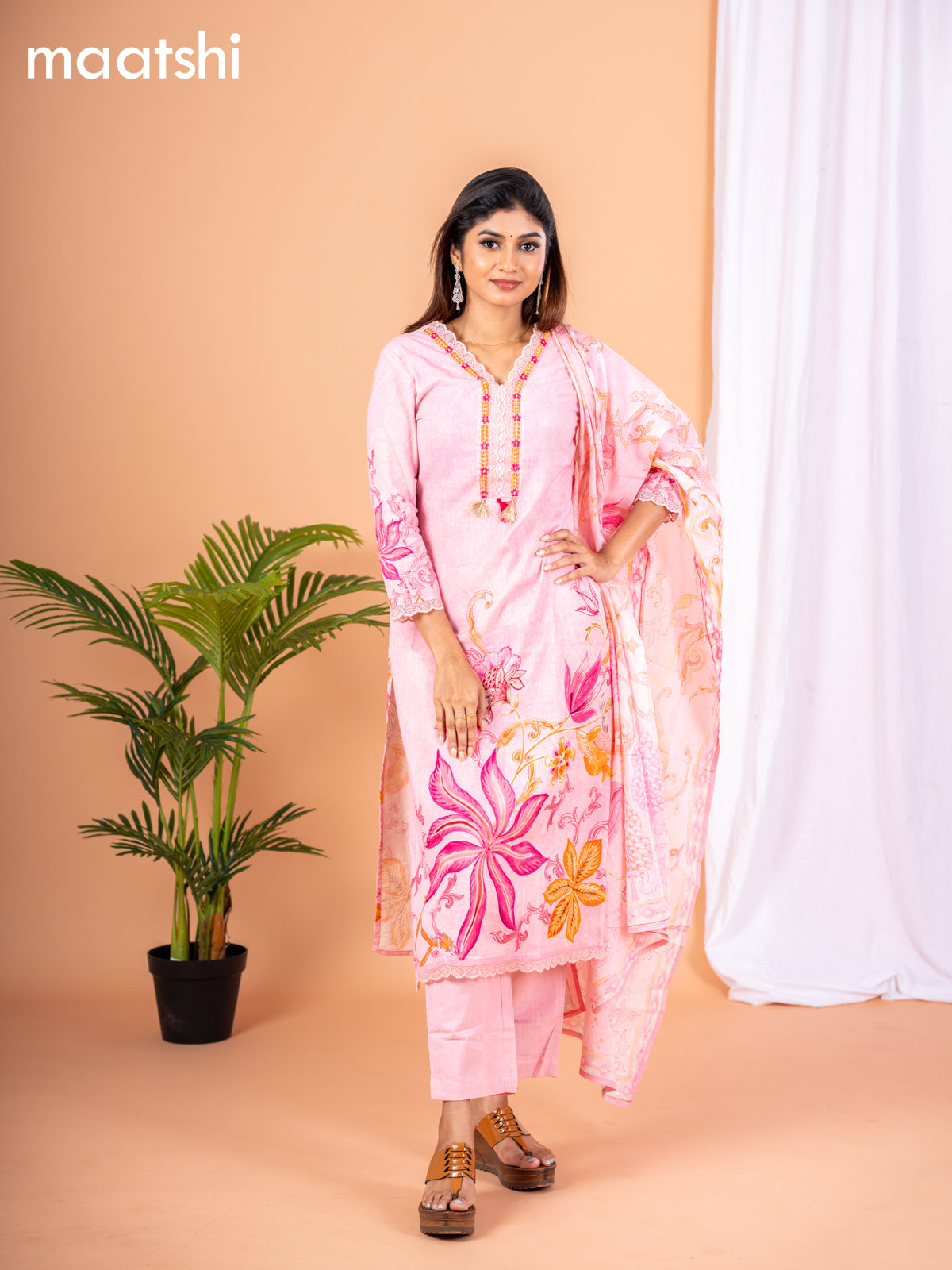 Placement print salwar suit baby pink with prints & embroidery lace work neck pattern and straight cut pant & dupatta