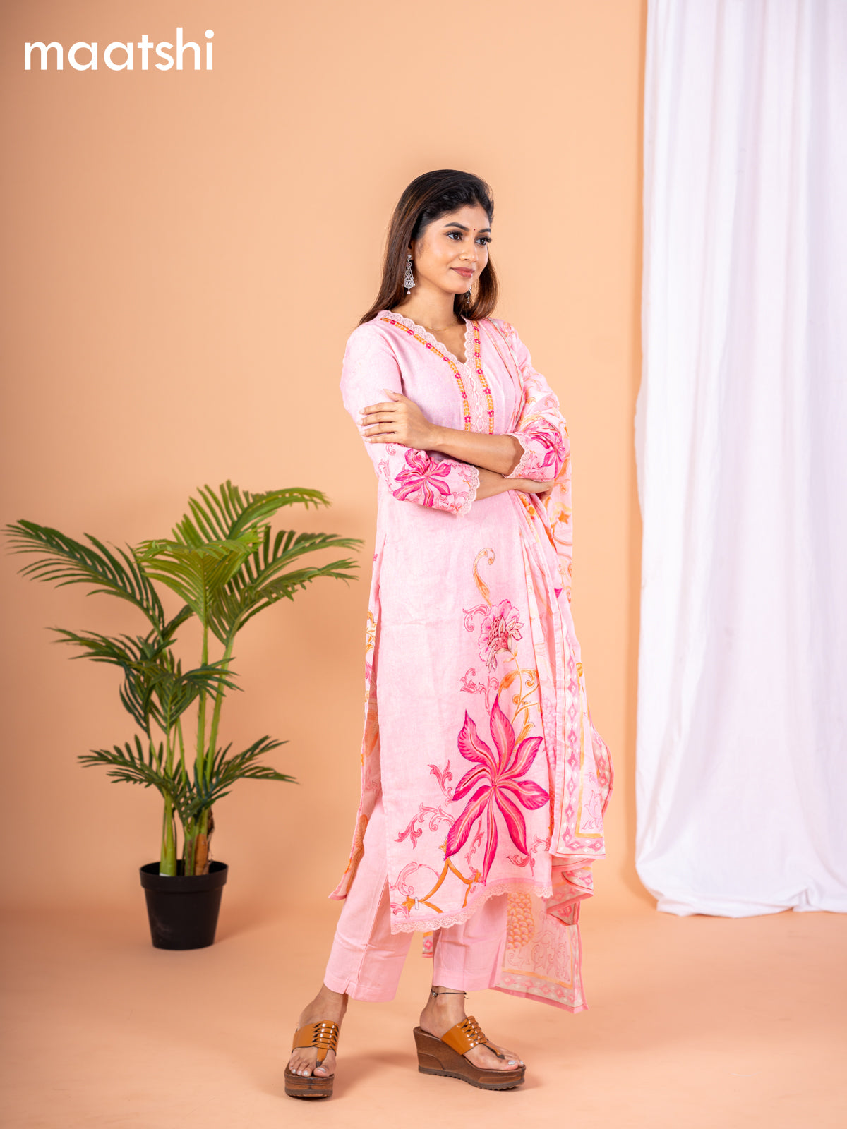 Placement print salwar suit baby pink with prints & embroidery lace work neck pattern and straight cut pant & dupatta